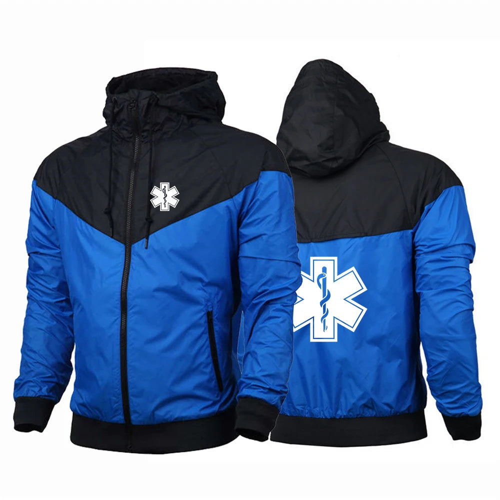 EMT Paramedic Emergency Medical Men's New Patchwork Hoodies Print Windproof Waterproof Sports Casual Windbreaker Jacket Top