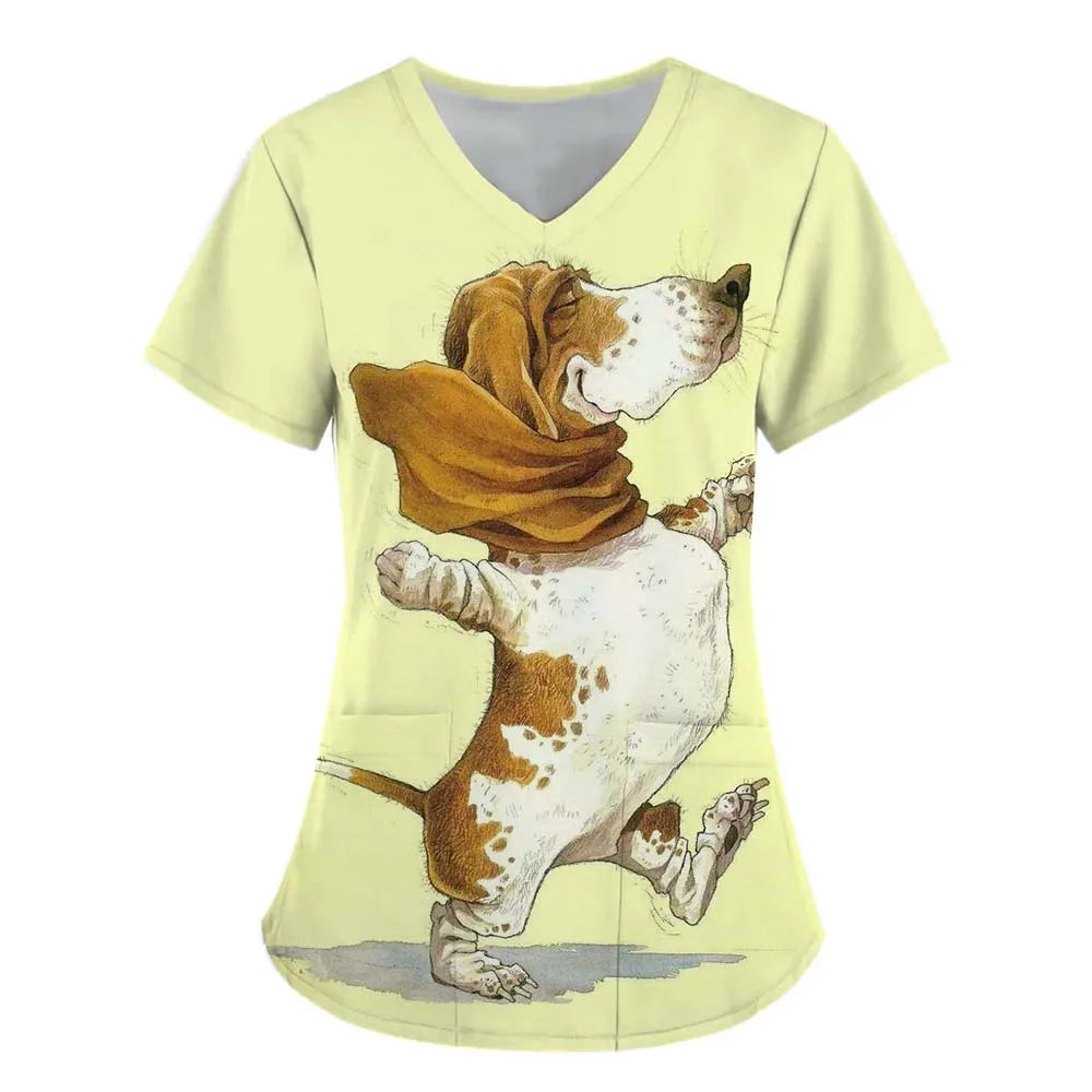 Surgical Uniforms Woman Scrub V-Neck Short Sleeves Tops Women's Medical Uniforms Vet Clinical Uniforms Cute Puppy Cartoon Print