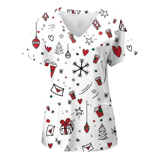 Nurse Uniforms Women Merry Christmas Print Short Sleeve Stitch Scrubs Working Medical Blouse Overalls Uniforms Medical Nursing