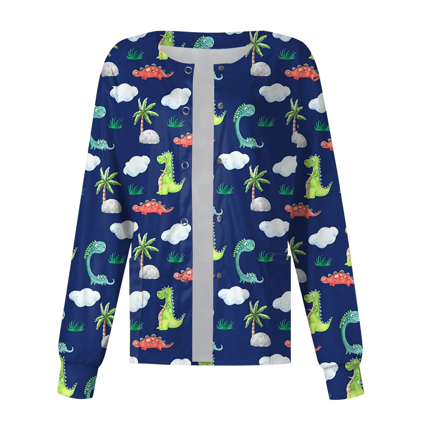 Scrub Top Spring Fall Stitch Spa Nurse Uniform Cute Dinosaur Print Coat Women Long Sleeve Clinic Scrub Jacket Uniform Nurse Top