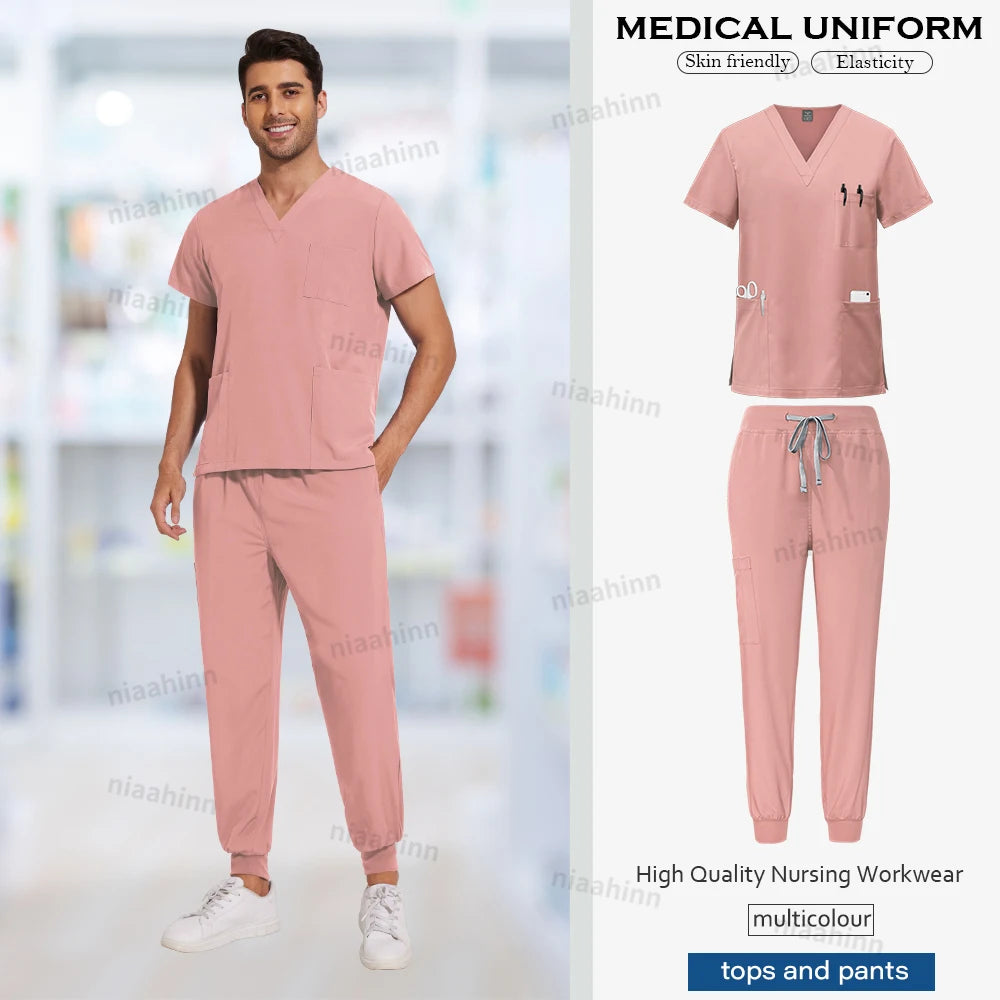 Niaahinn Medical Scrubs Uniform Nursing Articles Surgical Uniforms Woman V-neck Short Sleeved Tops Joggers Pants Sets Mens Scrub