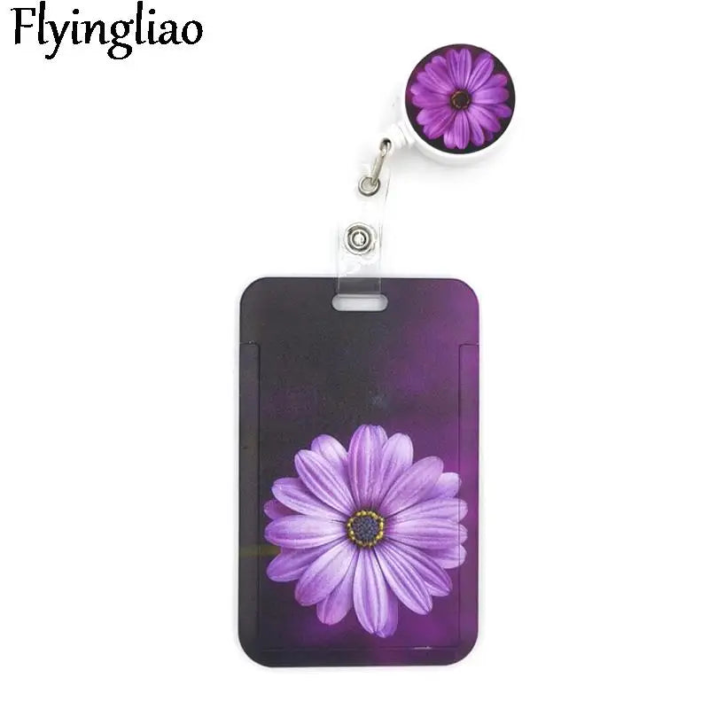 Purple Flowers Cute Card Cover Clip Lanyard Retractable Student Nurse Badge Reel Clip Cartoon ID Card Holder