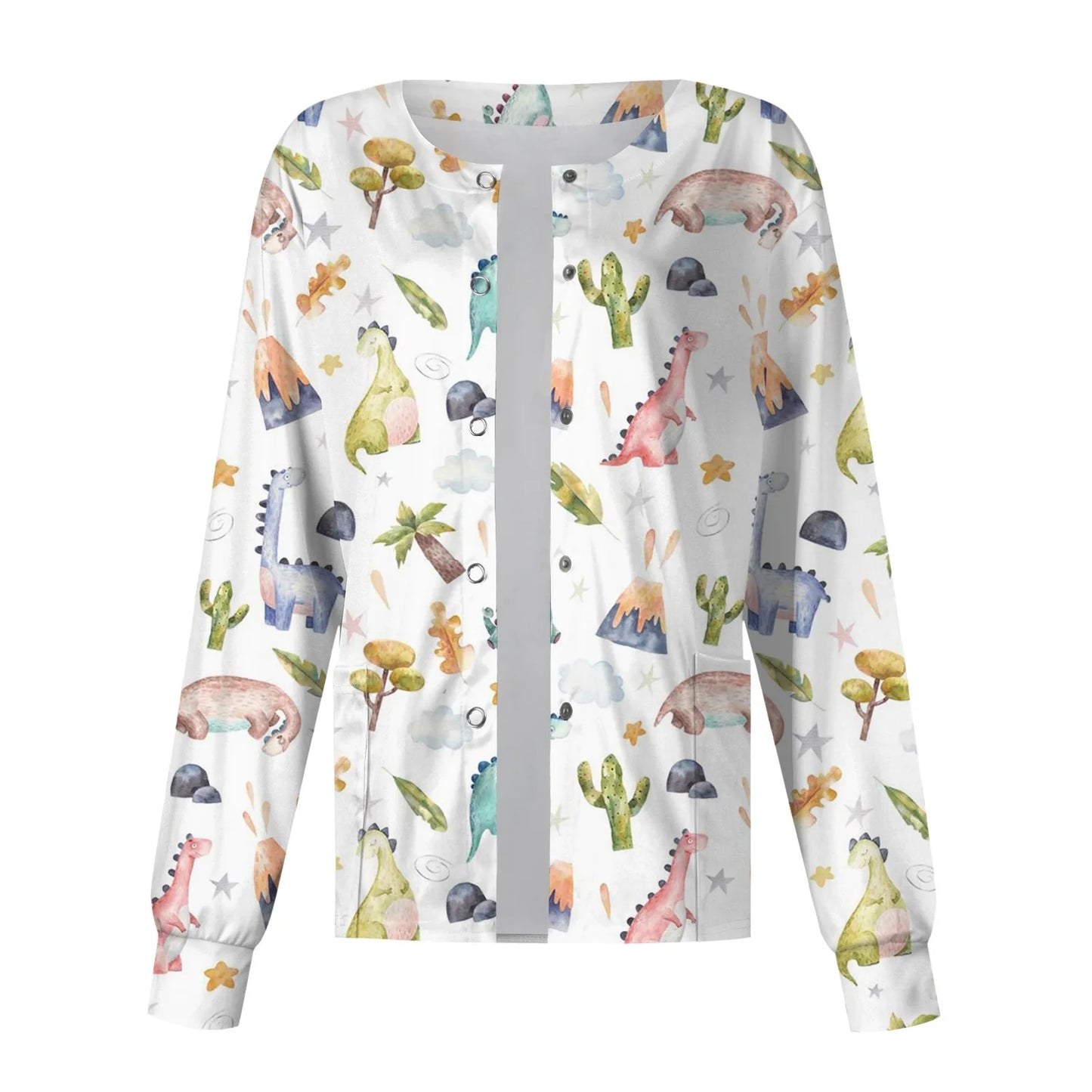 Scrub Top Spring Fall Stitch Spa Nurse Uniform Cute Dinosaur Print Coat Women Long Sleeve Clinic Scrub Jacket Uniform Nurse Top