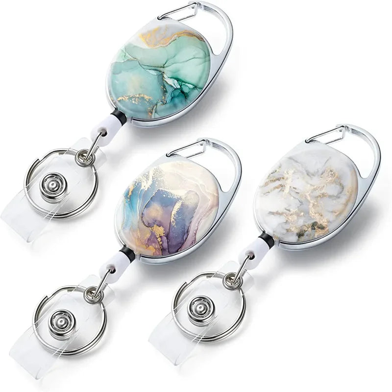 1pc Marble Oval Easy Pull Badge Reels Keychain Egg Shaped Portacredencial Nurse Badge Holder Retractable Badge Clip