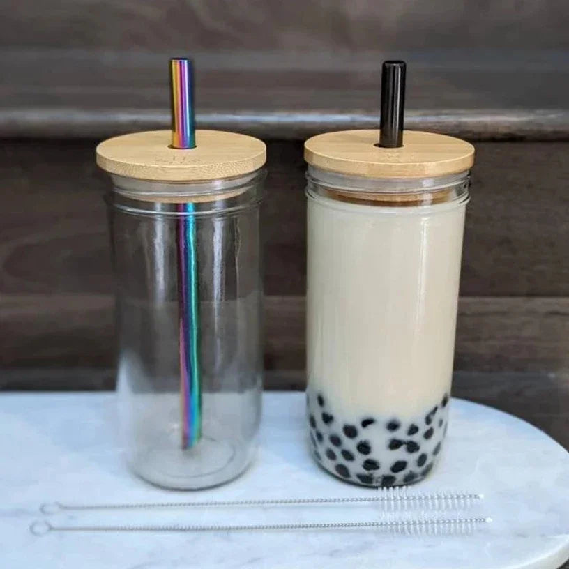 Mason Jars for Drinking Cup Bubble Tea Glass Cup with Bamboo Lid Reusable Glass Boba Smoothie with Stainless Steel Straw Cups