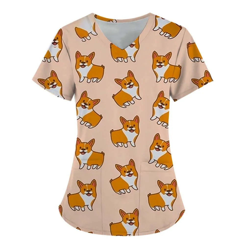 Surgical Uniforms Woman Scrub V-Neck Short Sleeves Tops Women's Medical Uniforms Vet Clinical Uniforms Cute Puppy Cartoon Print