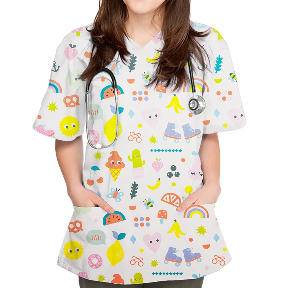 Surgical Uniform Woman Cute Dinosaur Cartoon Print Surgical Uniforms V-Neck Short Sleeve Pet Medical Top Women's Surgical Scrubs