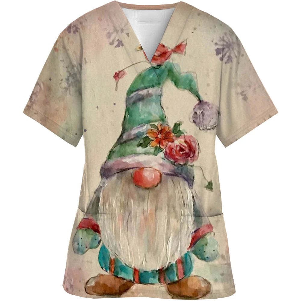 Christmas Scrubs Medical Uniforms Woman Santa Print Nurse Tops Pet Groom Uniform Short Sleeve Carer Clothes Форма Медсестры