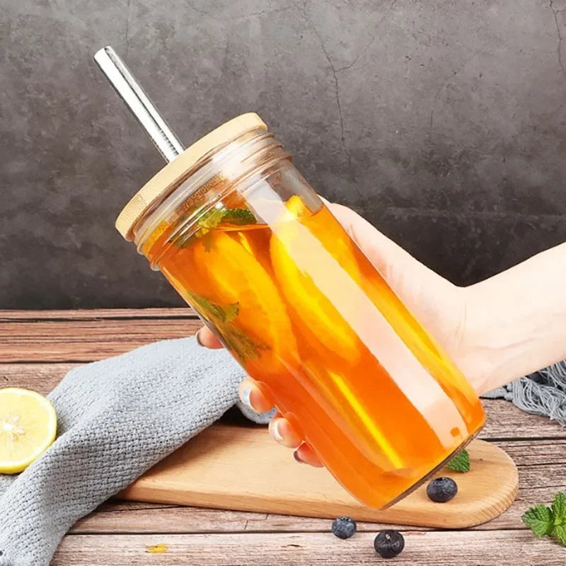 Mason Jars for Drinking Cup Bubble Tea Glass Cup with Bamboo Lid Reusable Glass Boba Smoothie with Stainless Steel Straw Cups