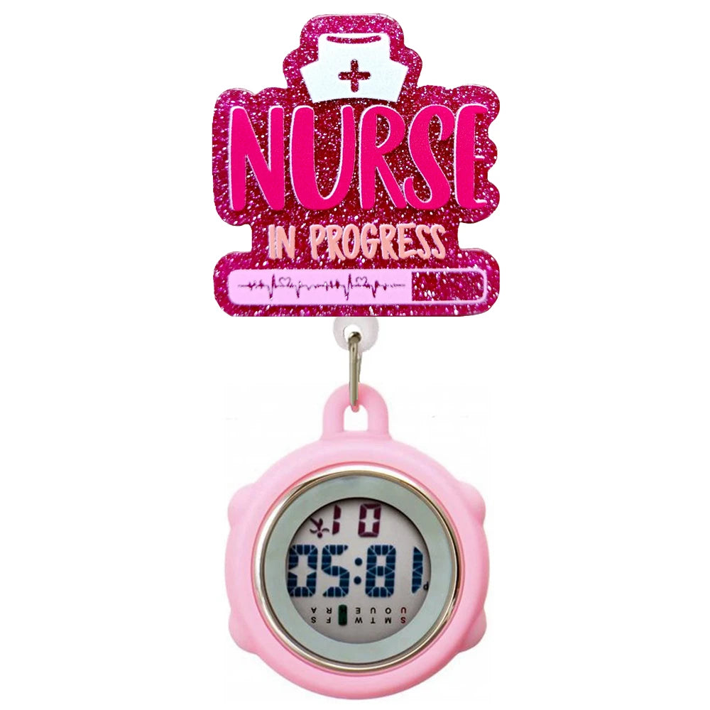 Cartoon Shiny Glitter Acrylic Medicine Medical Hospital Nurse Doctor Multi-funtion Digital Clip Retractable Badge Pocket Watch