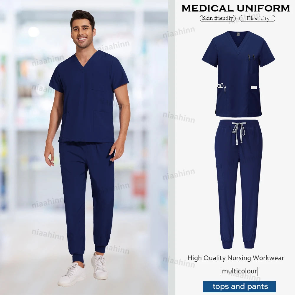 Niaahinn Medical Scrubs Uniform Nursing Articles Surgical Uniforms Woman V-neck Short Sleeved Tops Joggers Pants Sets Mens Scrub