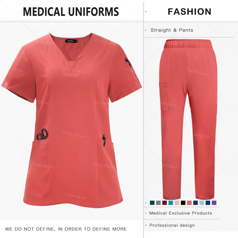 Anti-Wrinkle Premium Fabric Clinical Uniforms Washable Nurse Uniforms Medical Scrubs Sets Surgical Blouse Pockets Straight Pants