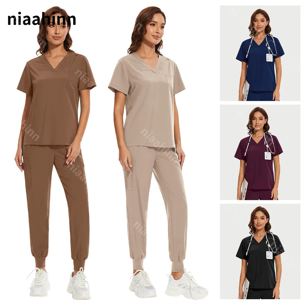 Niaahinn Medical Nurse Scrubs Tops+Pant Beauty Salon Spa Workwear Clinical Doctor Nursing Suit Surgical Uniforms Women Scrub Set