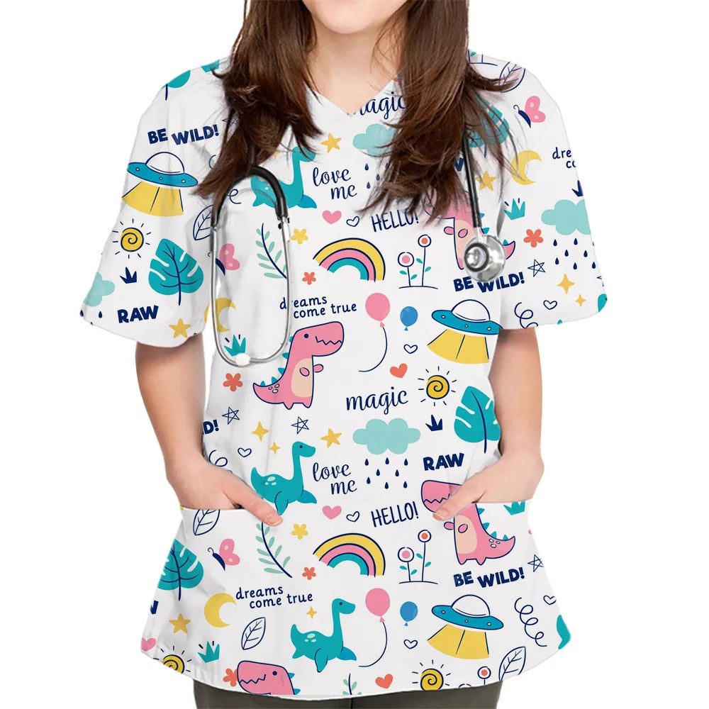 Surgical Uniform Woman Cute Dinosaur Cartoon Print Surgical Uniforms V-Neck Short Sleeve Pet Medical Top Women's Surgical Scrubs