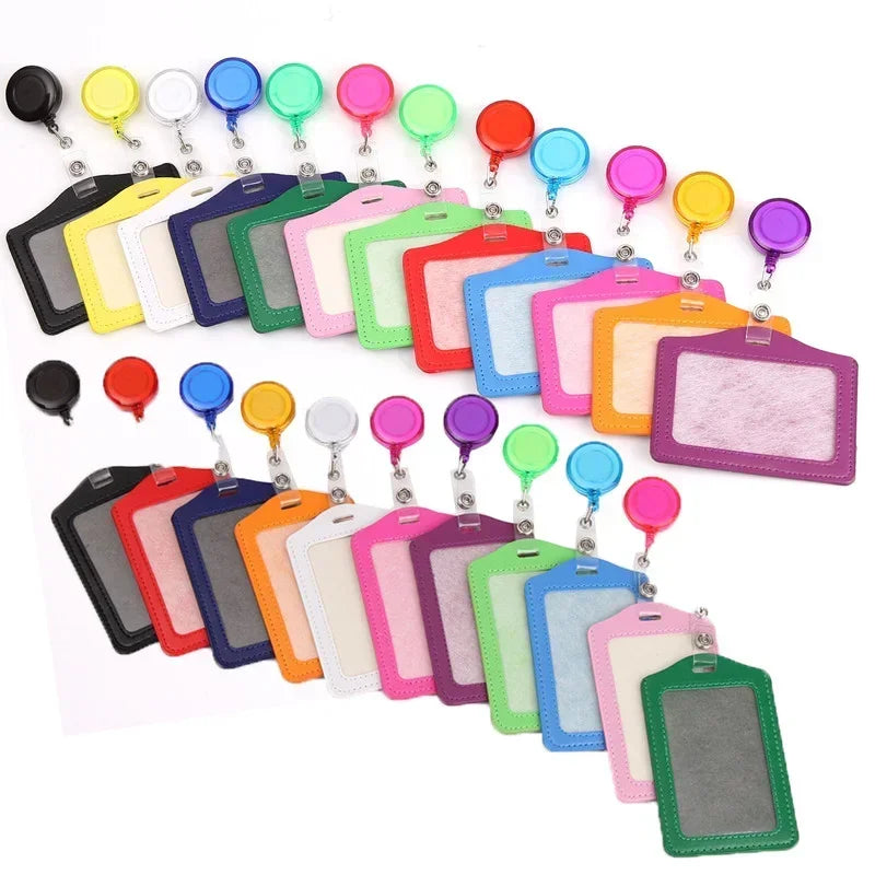 Women Men Student Retractable Badge Reel ID Card Holder Cover Case Nurse Badge Lanyards Fashion PU Leather Card Holders Set