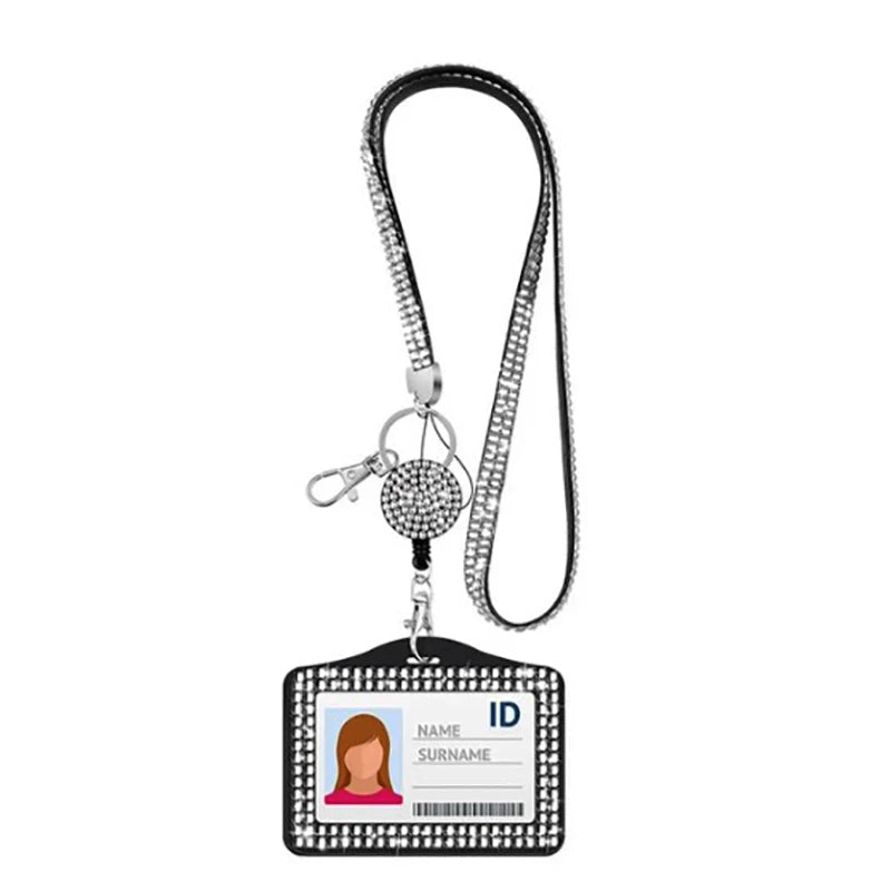 Rhinestone Badge Holder Lanyard Crystal Strap Card Clip Retractable Hanging Rope Horizontal Vertical Style Work ID Card Case New