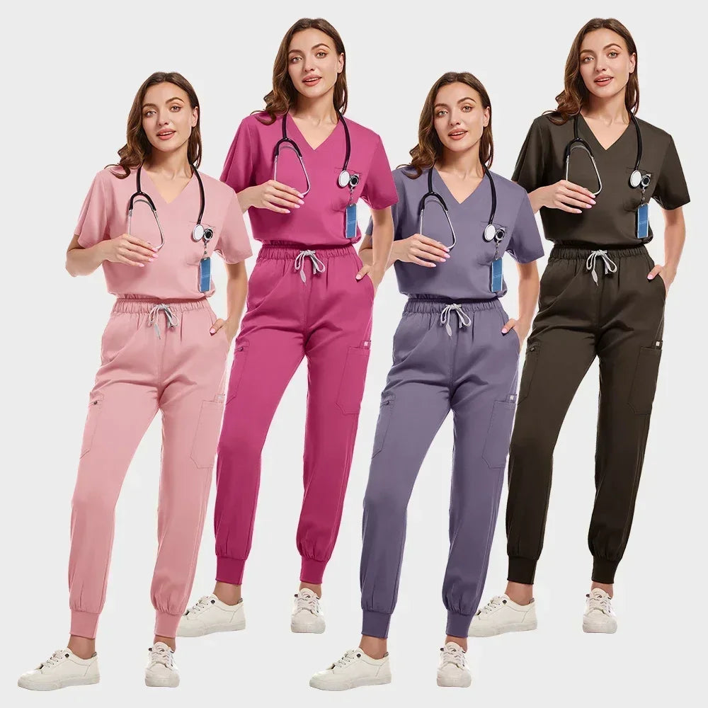 Multicolour Jogger Suit Nurse Scrubs Set Medical Clinical Clothes Doctor Nursing Uniforms Short Sleeve V-neck Tops Pocket Pants