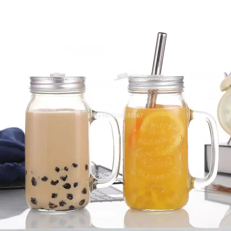 1PC 450/650/750ml Mason Jar Mugs with Handles Glass Bottle Juice Drink Clear Glass Water Bottle With Cover Straw Drinkware Cup