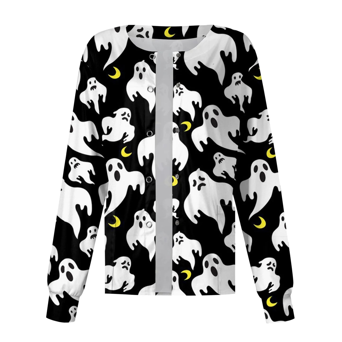 Women'S Single-Breasted Top Halloween Printed Scrub Jacket Nurse Coat Pet Shop Nurse Working Round Neck Cardigan Coat