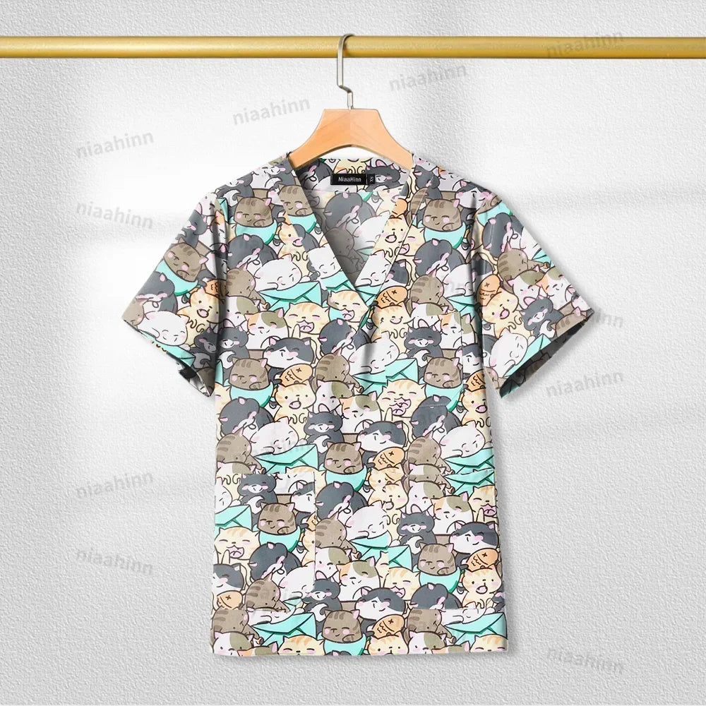 Cotton Printed Medical Uniforms Nurse Accessories for Work Doctor's Surgical Scrub Cartoon Pattern Short Sleeved Shirt Women Men