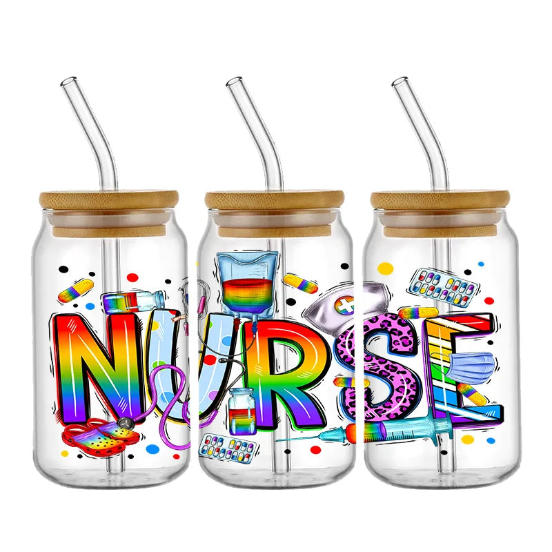 Nurse Cute Cartoon Design Best Seller 3D UV DTF Cup Wrap Transfers Stickers Labels Durable Waterproof Logo 16oz Glass Wrap