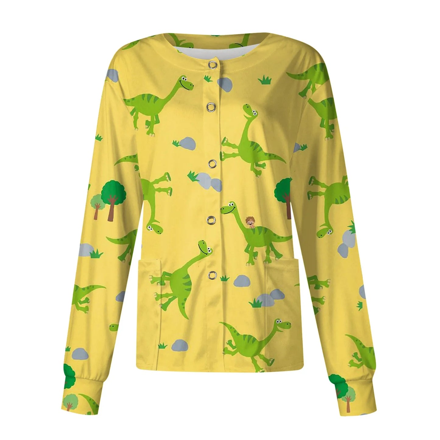 Scrub Top Spring Fall Stitch Spa Nurse Uniform Cute Dinosaur Print Coat Women Long Sleeve Clinic Scrub Jacket Uniform Nurse Top