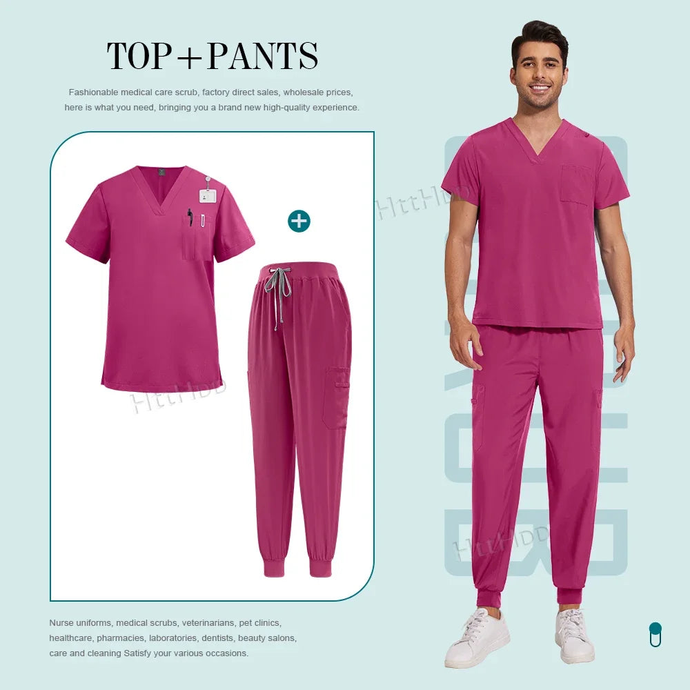 Men Women Unisex Nurse Surgical Scrubs Suits Doctor Medical Hospital Uniform Top Jogger Pants Scrubs Nursing Veterinary Uniforms