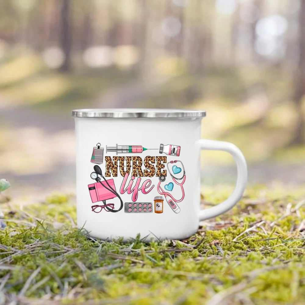 Nurse Life Print Mugs Creative Coffee Cups Drinks Dessert Breakfast Milk Cup Enamel Mugs Handle Drinkware Best Gifts for Nurse