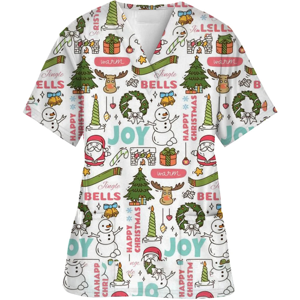 Christmas Scrubs Medical Uniforms Woman Santa Print Nurse Tops Pet Groom Uniform Short Sleeve Carer Clothes Форма Медсестры