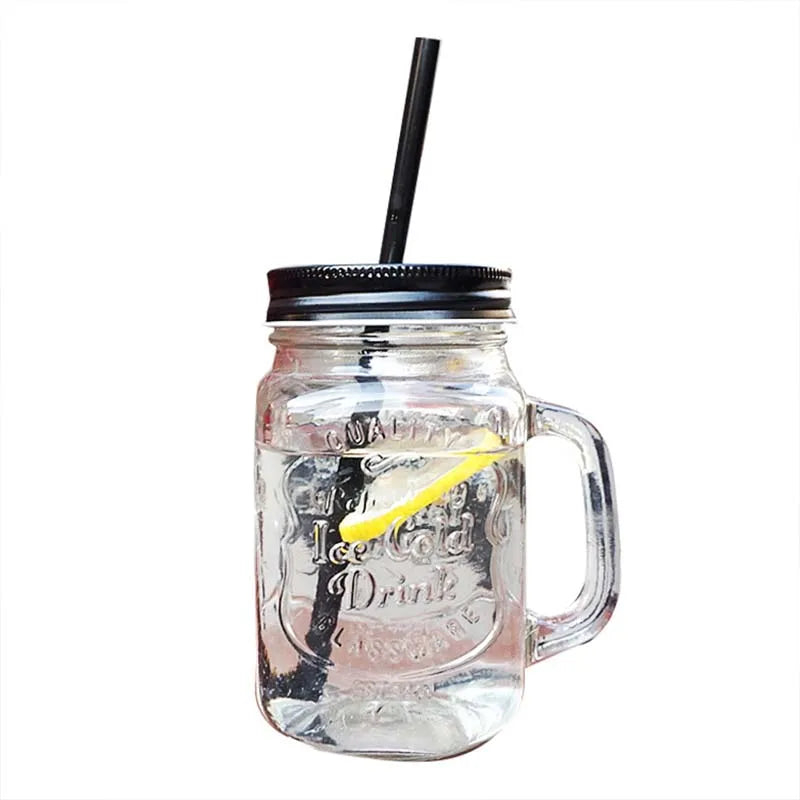 450ml Mason Jar Mugs with Handles Old Fashioned Glass Bottle Juice Drink Clear Glass Water Bottle With Cover Straw Drinkware Cup