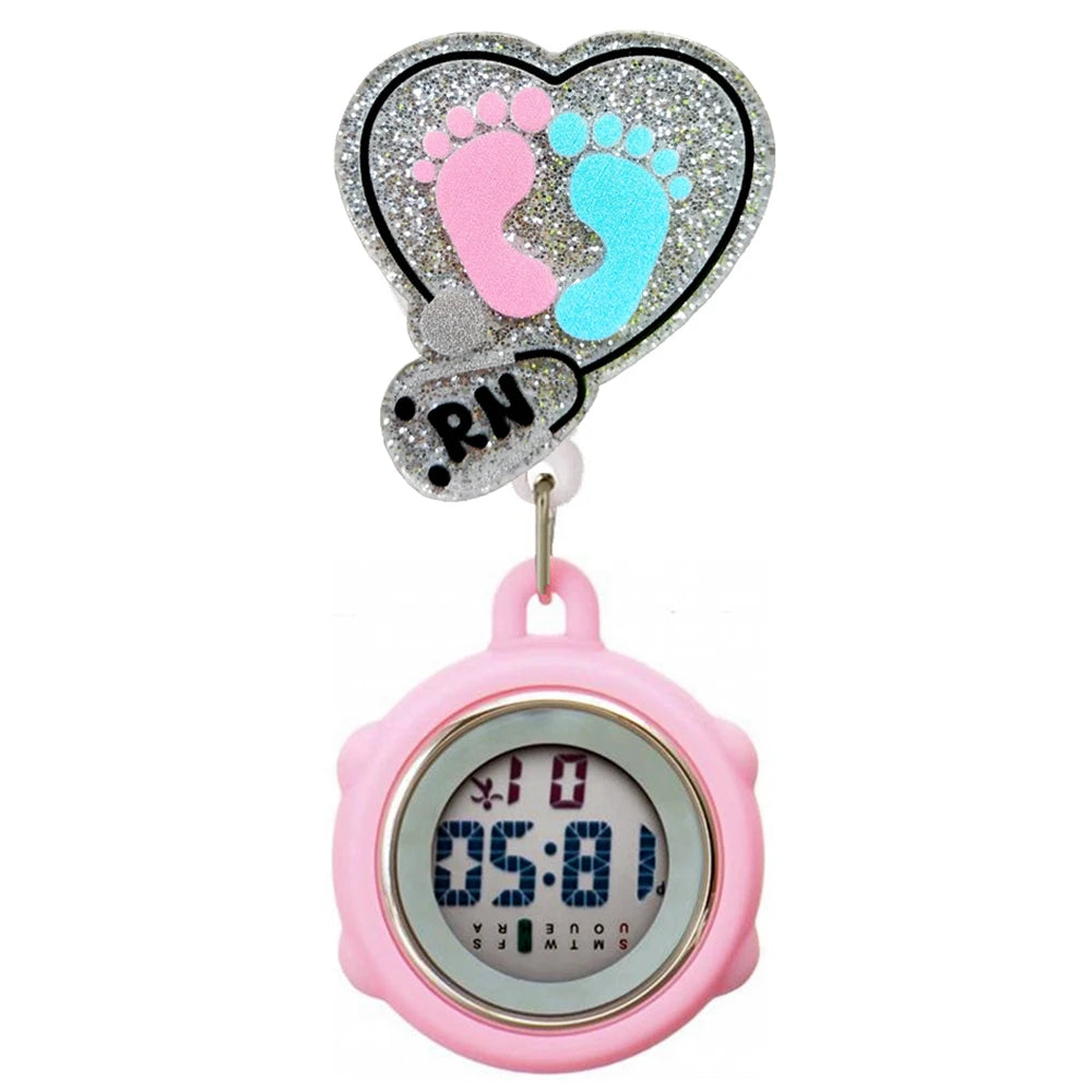 Cartoon Shiny Glitter Acrylic Medicine Medical Hospital Nurse Doctor Multi-funtion Digital Clip Retractable Badge Pocket Watch