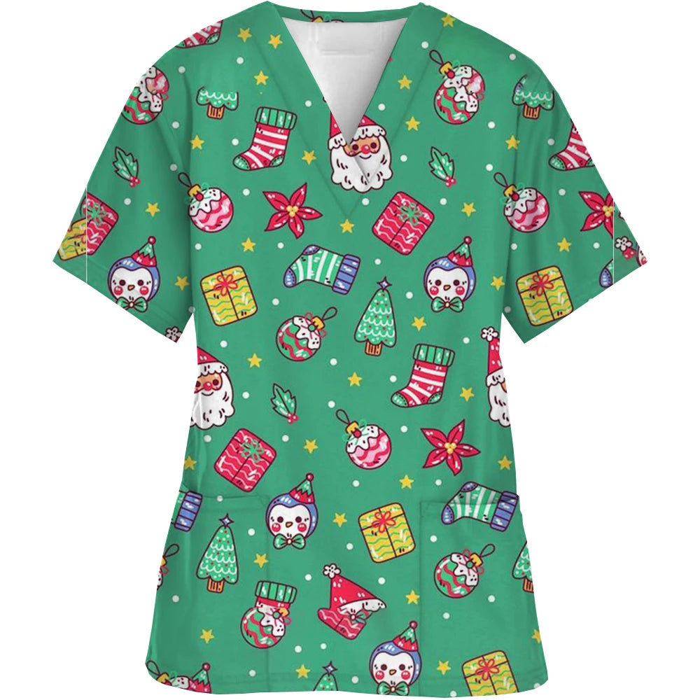 Christmas Printed V-Neck Scrubs Tops for Woman Man Blouse Cotton Surgeon Working Clothes Medical Uniform Doctor Nurse Scrub Tops