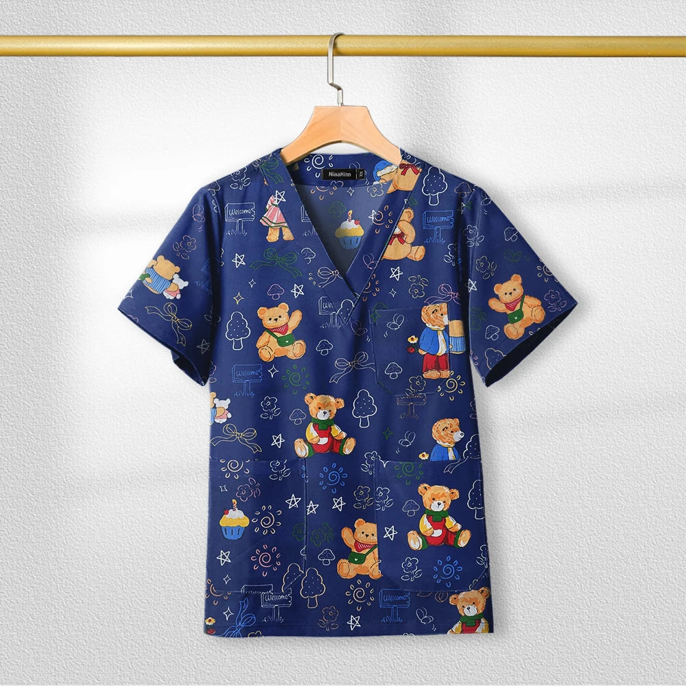 Cotton Printed Medical Uniforms Nurse Accessories for Work Doctor's Surgical Scrub Cartoon Pattern Short Sleeved Shirt Women Men