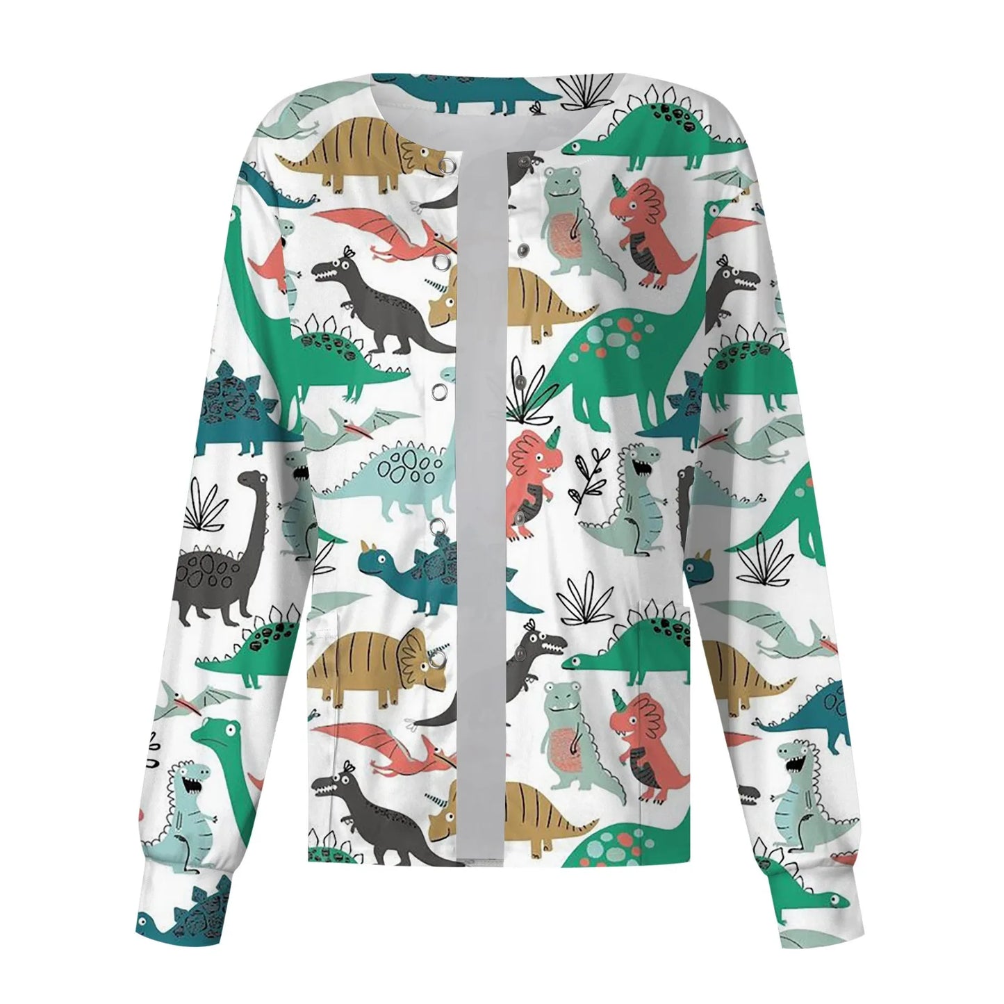 Scrub Top Spring Fall Stitch Spa Nurse Uniform Cute Dinosaur Print Coat Women Long Sleeve Clinic Scrub Jacket Uniform Nurse Top