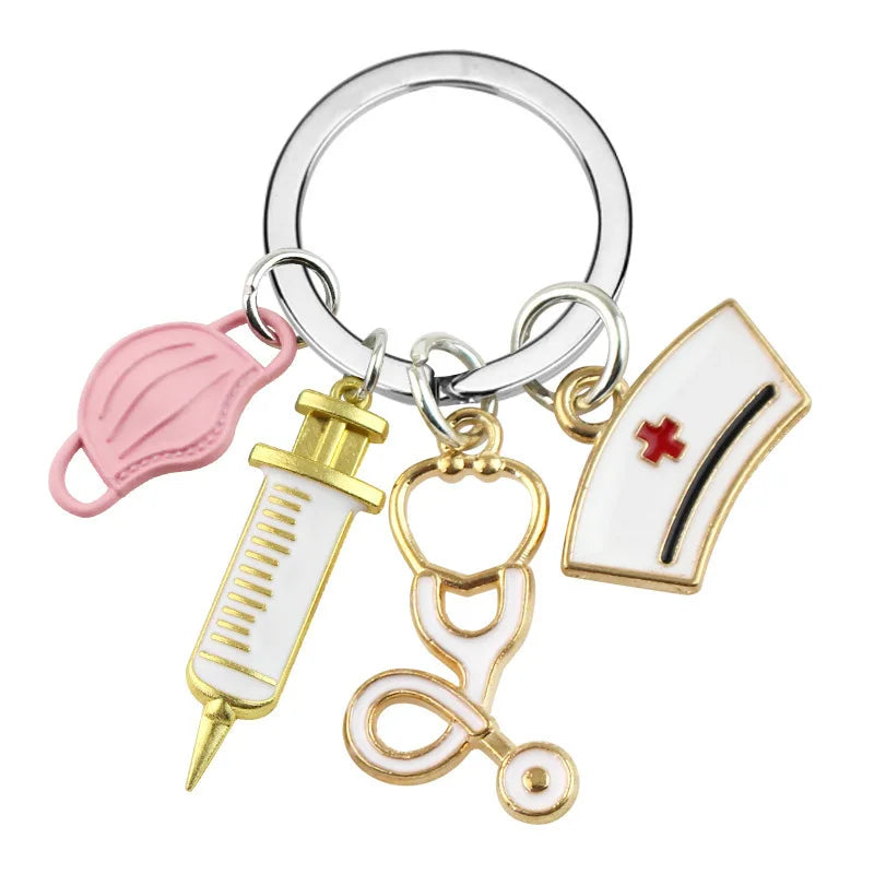 Medical Tool Doctor Keychain Heartbeat Stethoscope Syringe Nurse Cap Key Ring Nurse Gifts Handmade Jewelry Bag Ornaments Charm