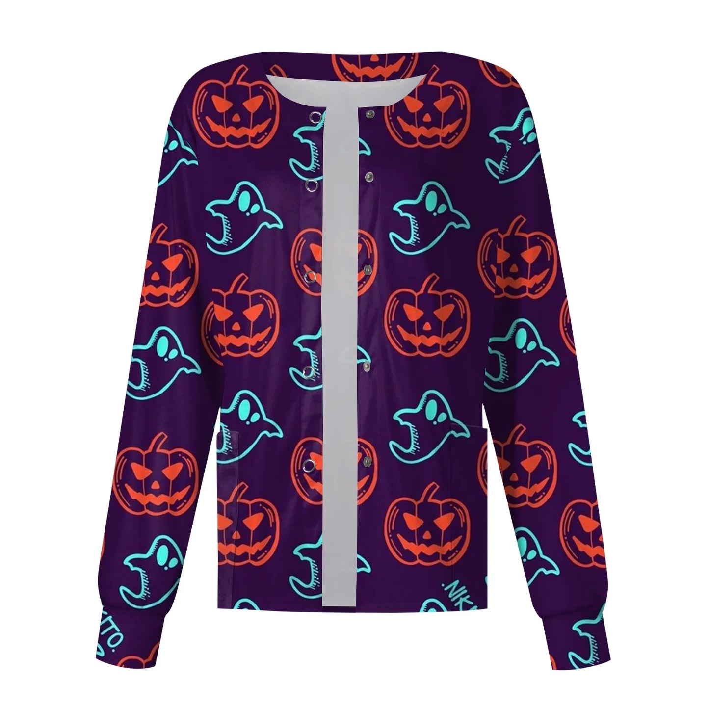 Women'S Single-Breasted Top Halloween Printed Scrub Jacket Nurse Coat Pet Shop Nurse Working Round Neck Cardigan Coat