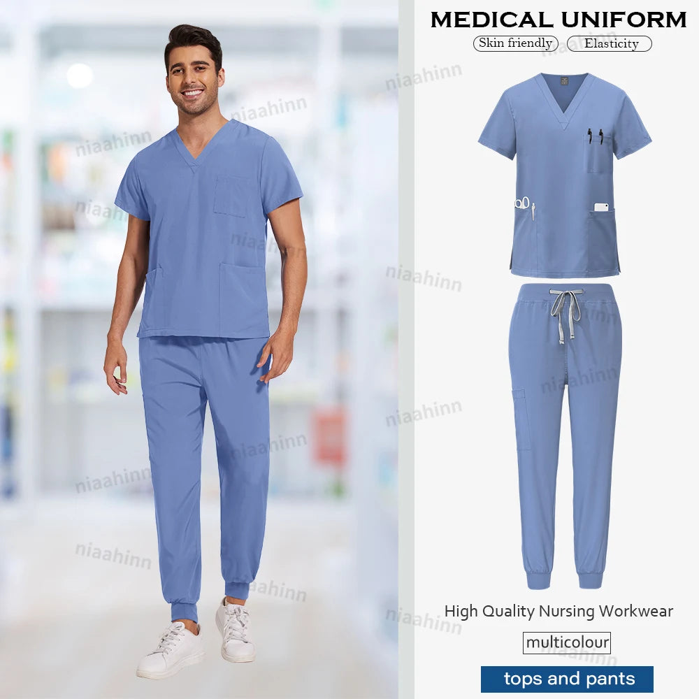 Niaahinn Medical Scrubs Uniform Nursing Articles Surgical Uniforms Woman V-neck Short Sleeved Tops Joggers Pants Sets Mens Scrub