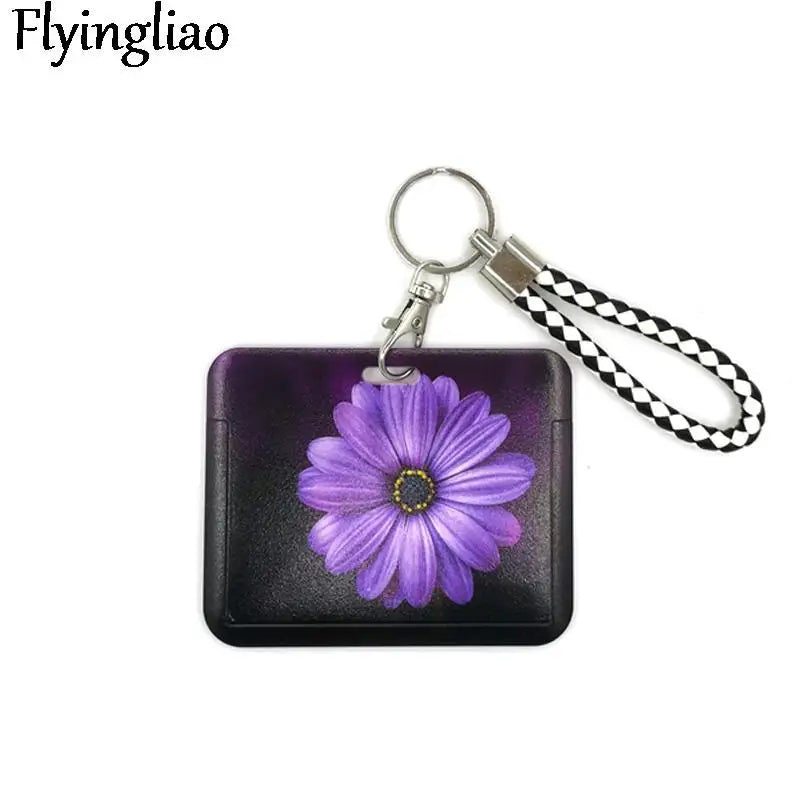 Purple Flowers Cute Card Cover Clip Lanyard Retractable Student Nurse Badge Reel Clip Cartoon ID Card Holder