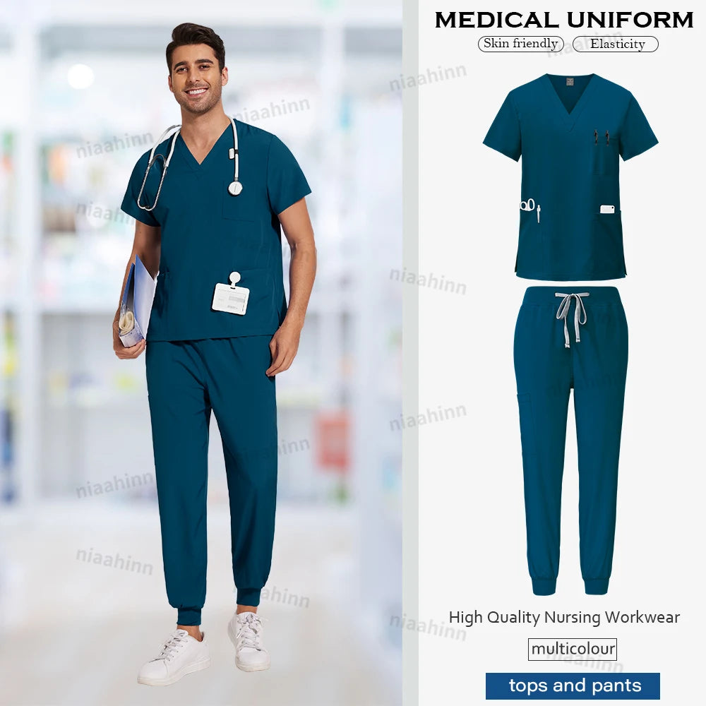 Niaahinn Medical Scrubs Uniform Nursing Articles Surgical Uniforms Woman V-neck Short Sleeved Tops Joggers Pants Sets Mens Scrub