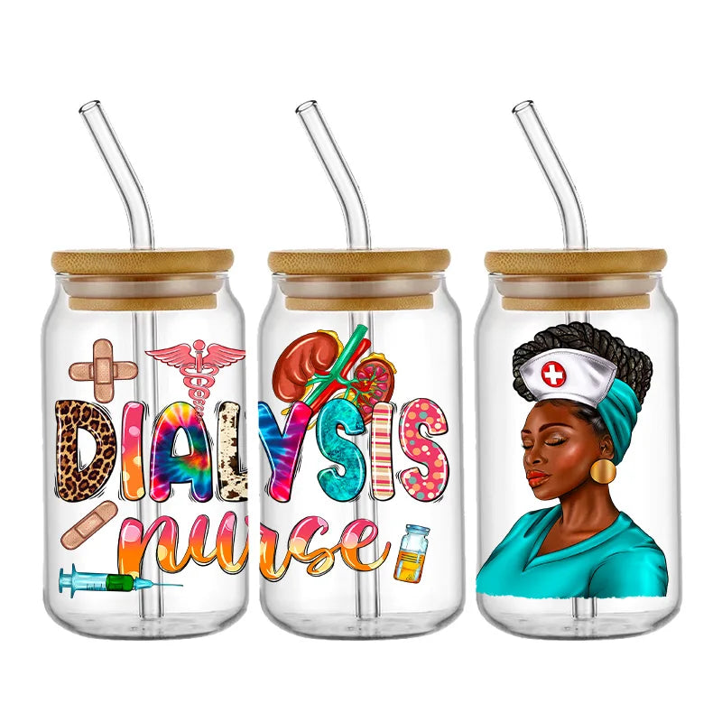 Nurse Cute Cartoon Design Best Seller 3D UV DTF Cup Wrap Transfers Stickers Labels Durable Waterproof Logo 16oz Glass Wrap