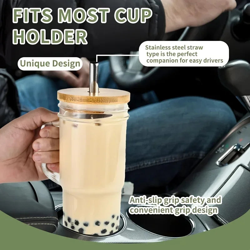 2pcs 22oz Glass Cup with Wooden Lid Bubble Tea Cold Drinking Coffee Wine Juice Transparent Straw Car Mug Drinkware Water Bottle