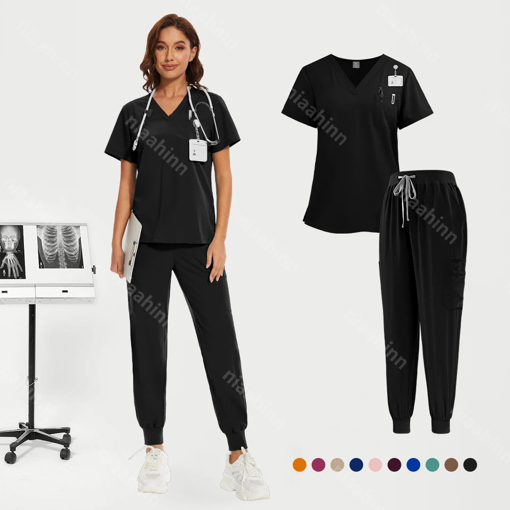 Niaahinn Medical Nurse Scrubs Tops+Pant Beauty Salon Spa Workwear Clinical Doctor Nursing Suit Surgical Uniforms Women Scrub Set