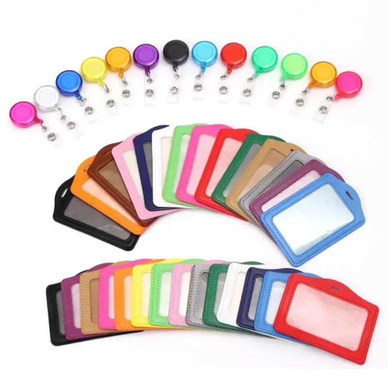 Women Men Student Retractable Badge Reel ID Card Holder Cover Case Nurse Badge Lanyards Fashion PU Leather Card Holders Set