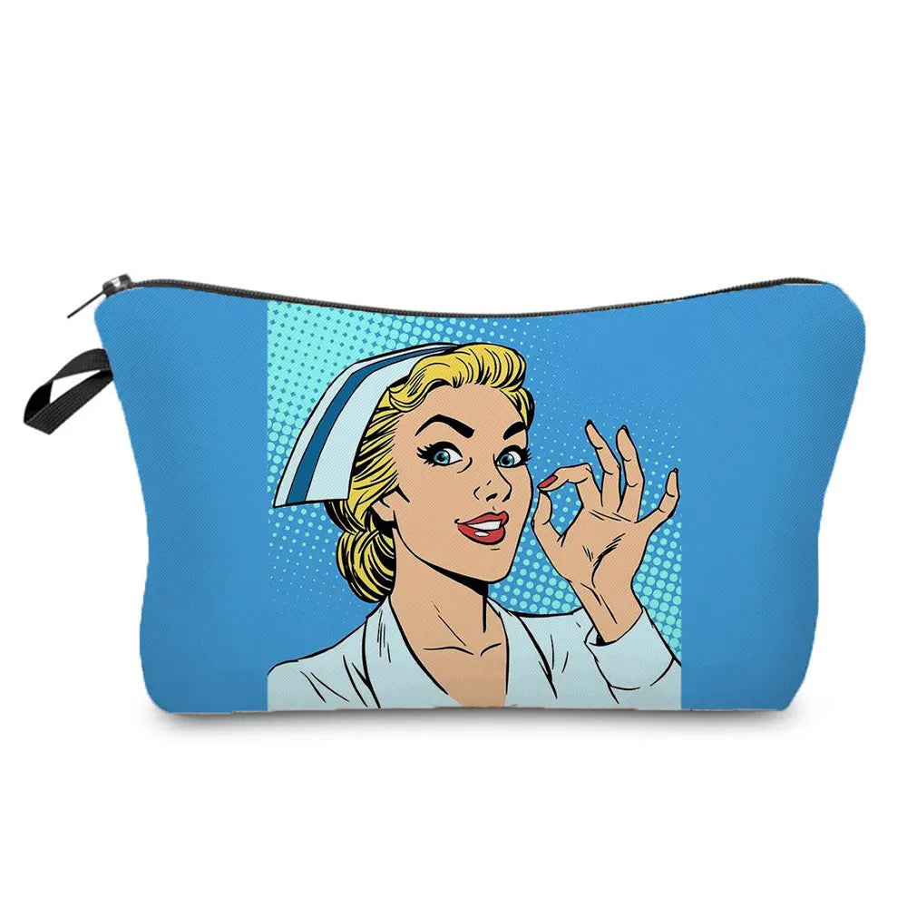 Cartoon Ladies Nurse Printed Cosmetic Bags Foldable High Capacity Women Makeup Bag Eco Reusable Storage Bag Chic Pencil Case