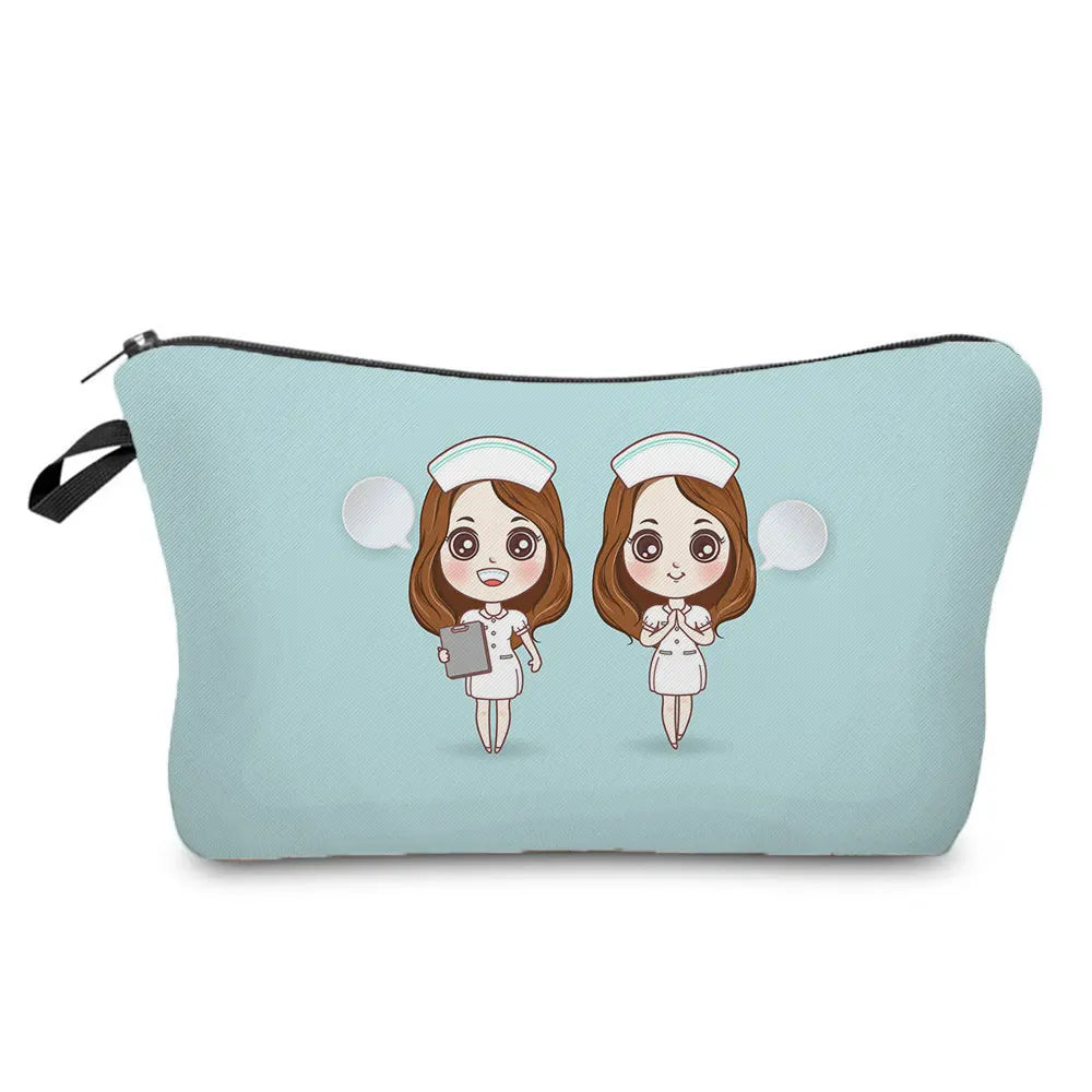 Cartoon Ladies Nurse Printed Cosmetic Bags Foldable High Capacity Women Makeup Bag Eco Reusable Storage Bag Chic Pencil Case