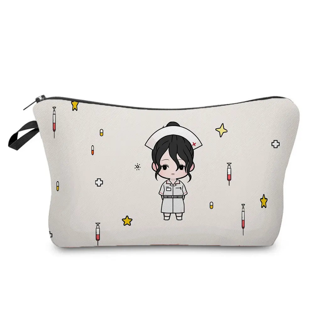 Cartoon Ladies Nurse Printed Cosmetic Bags Foldable High Capacity Women Makeup Bag Eco Reusable Storage Bag Chic Pencil Case