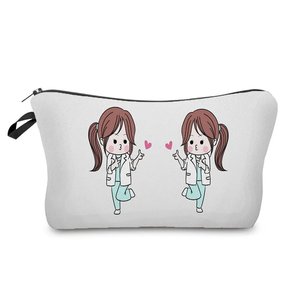 Cartoon Ladies Nurse Printed Cosmetic Bags Foldable High Capacity Women Makeup Bag Eco Reusable Storage Bag Chic Pencil Case